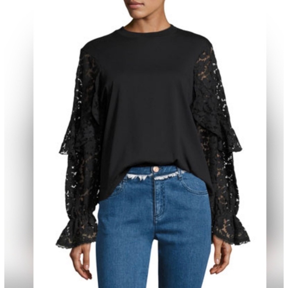 See By Chloe Ruffle Lace Sleeve Top Sz M Black EUC Designer Quiet Luxury Chic